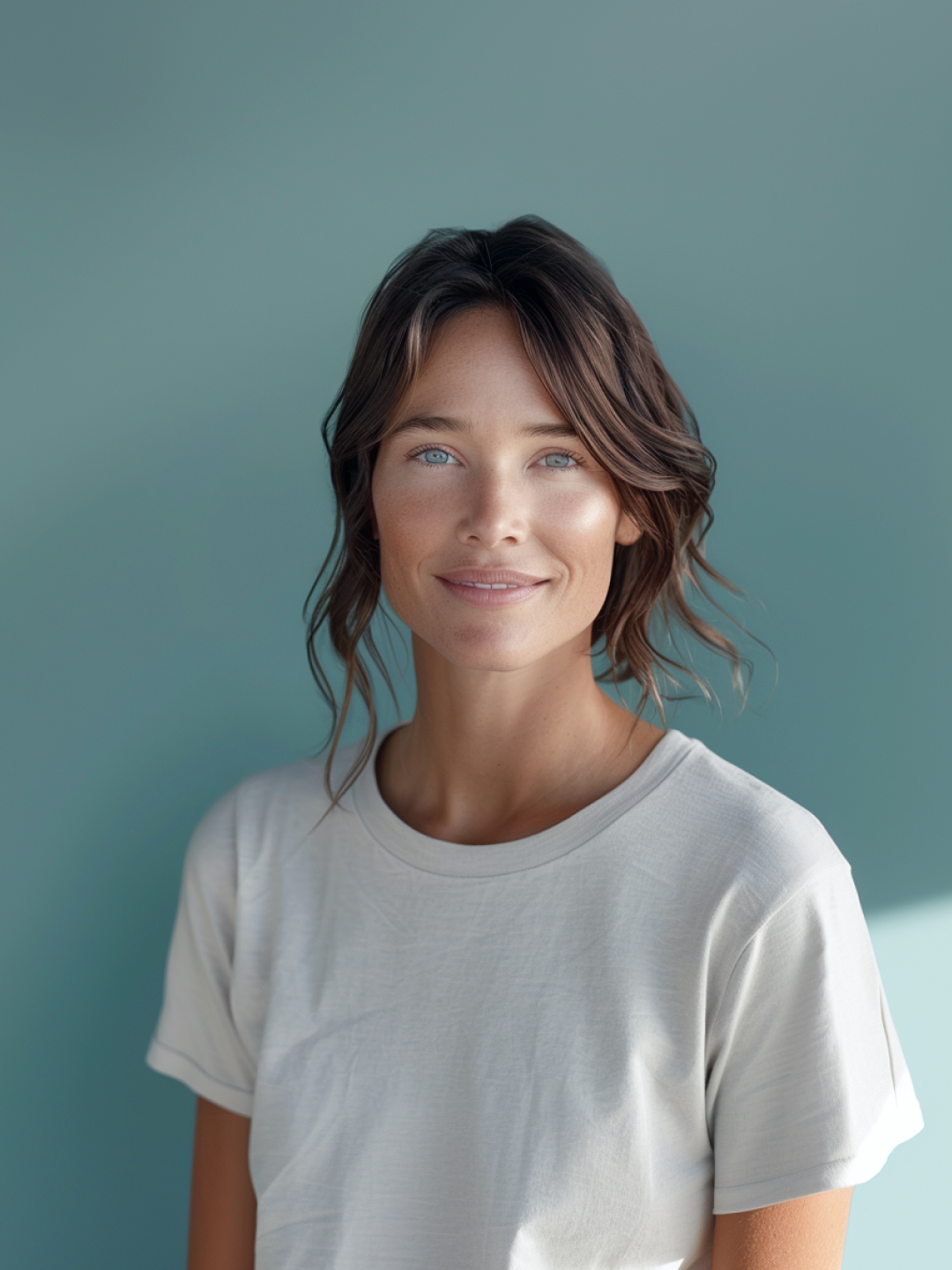 A young woman with shoulder-length, wavy brown hair, smiling softly against a light teal background. She is wearing a plain, light-colored t-shirt.